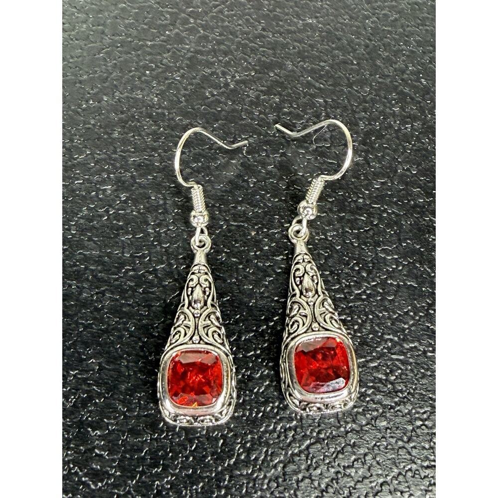 Antique Style Red Garnet Gemstone Silver Dangle Earrings